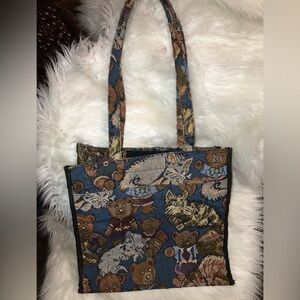 Tapestry Tote Bag with Bear and Cat Design